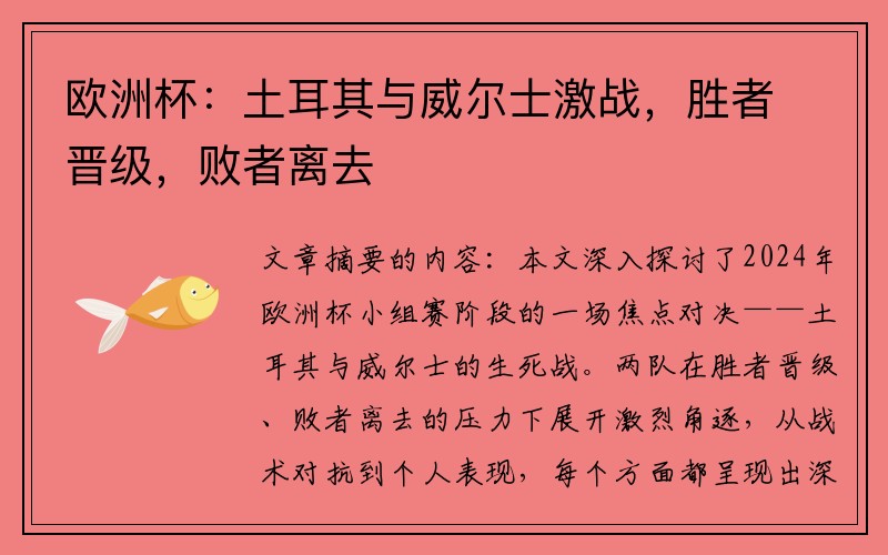 欧洲杯：土耳其与威尔士激战，胜者晋级，败者离去