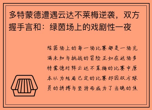 多特蒙德遭遇云达不莱梅逆袭，双方握手言和：绿茵场上的戏剧性一夜