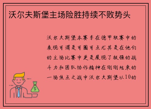 沃尔夫斯堡主场险胜持续不败势头